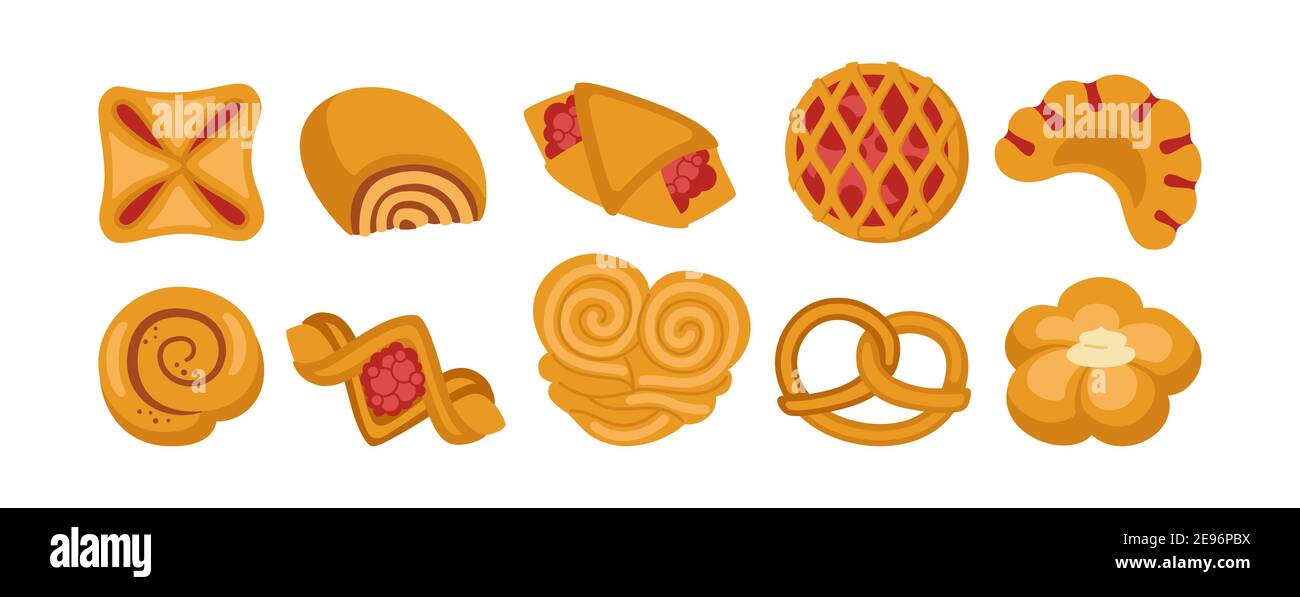 Set di icone di cartone animato Sweet Buns. Design menu simbolo panetteria, marmellata, panino. Prodotti da forno e finta zel di vimini, bagel, pasticceria croissant, rotolo. Elegante icona moderna illustrazione vettoriale Illustrazione Vettoriale