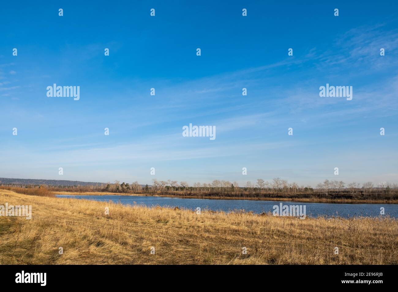 Pittoresco paesaggio autunnale. Un campo con erba gialla, un cielo blu con nuvole chiare e un piccolo lago. Dorati, colori autunnali brillanti. Foto Stock
