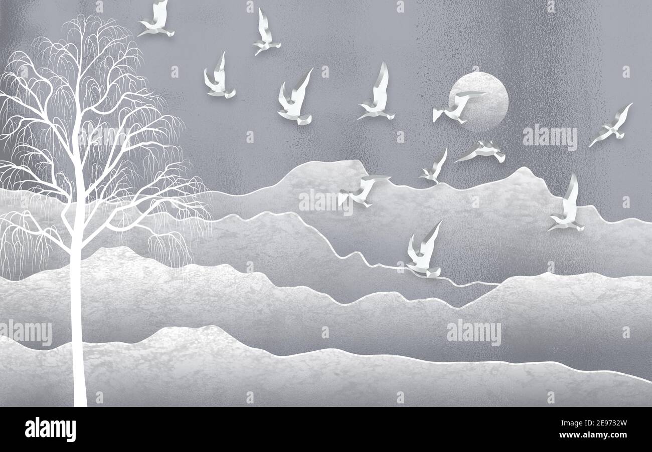 illustrazione 3d, paesaggio monocromo astratto con un albero bianco e un gregge di uccelli bianchi Foto Stock