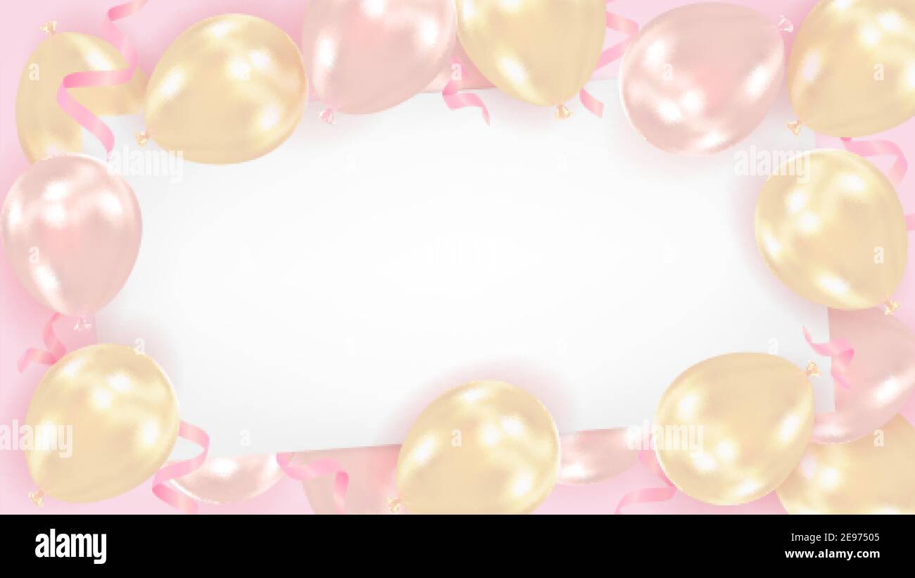 Sfondo da palloncini d'aria rosa e oro realistici con un foglio di carta vuoto. Illustrazione vettoriale per la celebrazione del compleanno, giorno di San Valentino Illustrazione Vettoriale