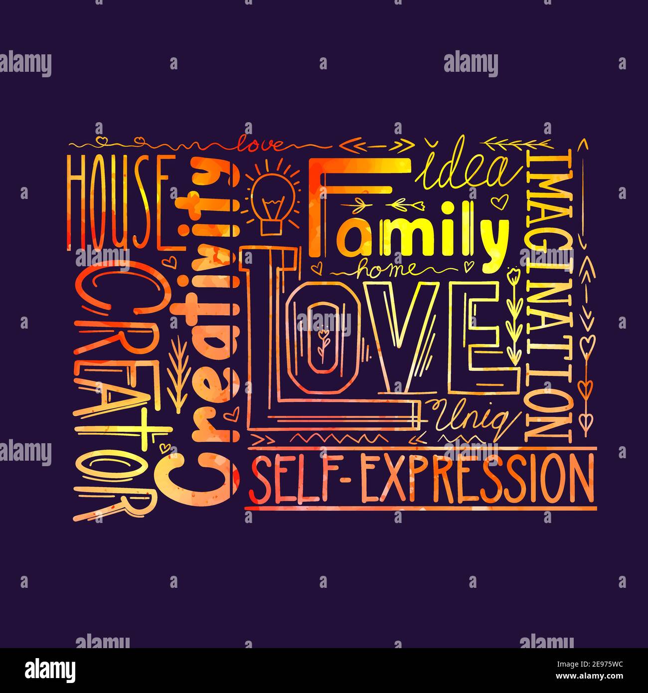 Caratteri acquerelli composizione di parole diverse su sfondo scuro. Citazione calligrafica. Amore e creatività. Valori familiari. Frasi per cartolina Illustrazione Vettoriale