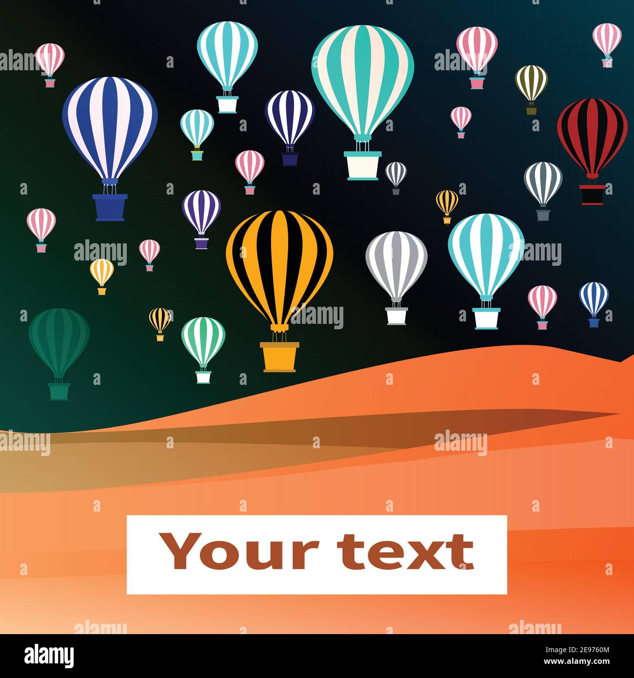 Palloncini colorati ad aria calda. Gli aerostati volano sul deserto. Palloncini con cestini. Dune di sabbia arancione deserto sullo sfondo cielo di notte. Banner per testo. Illustrazione Vettoriale