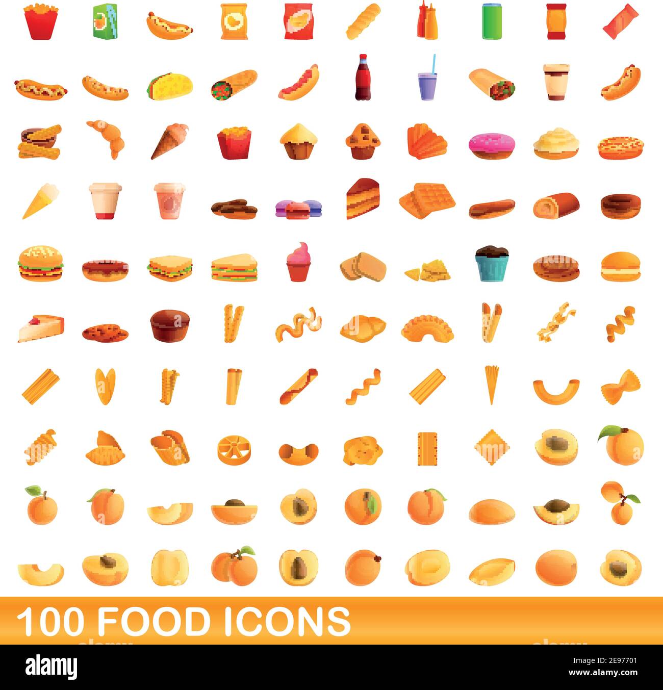 100 food set di icone. Cartoon illustrazione di 100 food icone set di vettore isolato su sfondo bianco Illustrazione Vettoriale