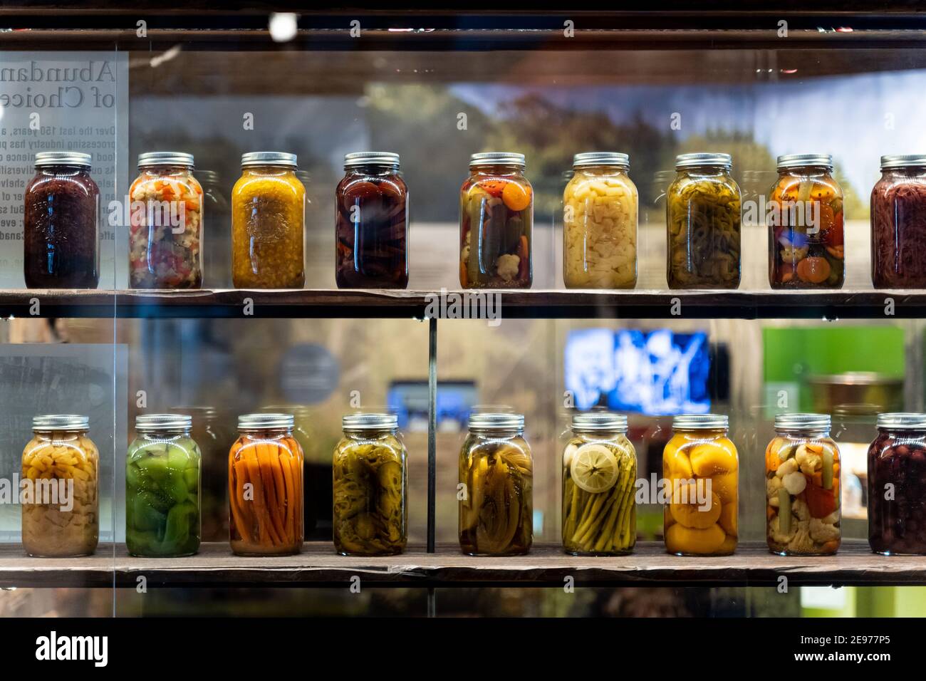 Parete di vasi di vetro di verdure colorate sottaceto, preso al Canadian Food and Agriculture Museum. Ottawa, Canada Foto Stock