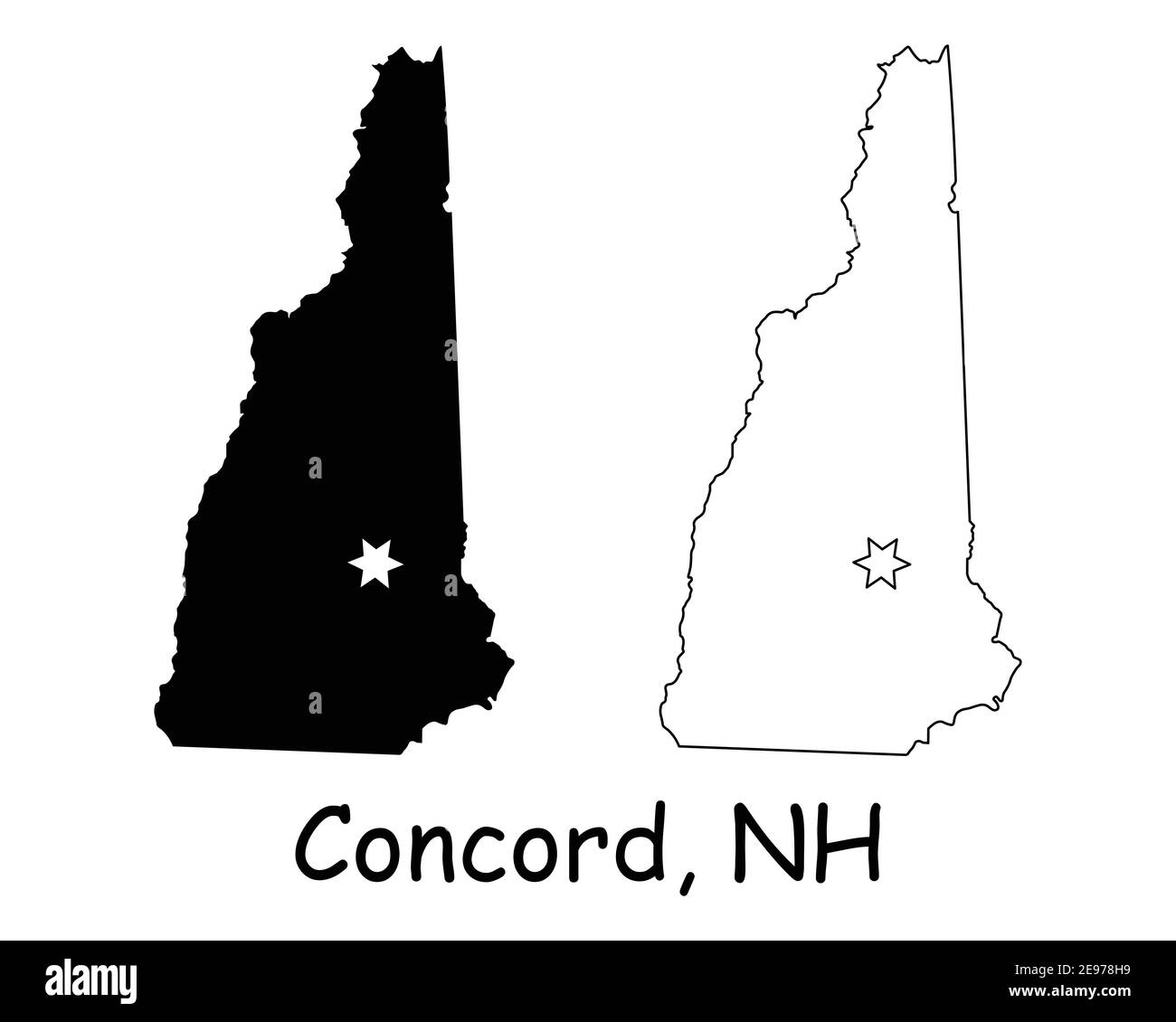 New Hampshire NH state Map USA con Capital City Star a Concord. Silhouette nera e profilo isolato su sfondo bianco. Vettore EPS Illustrazione Vettoriale