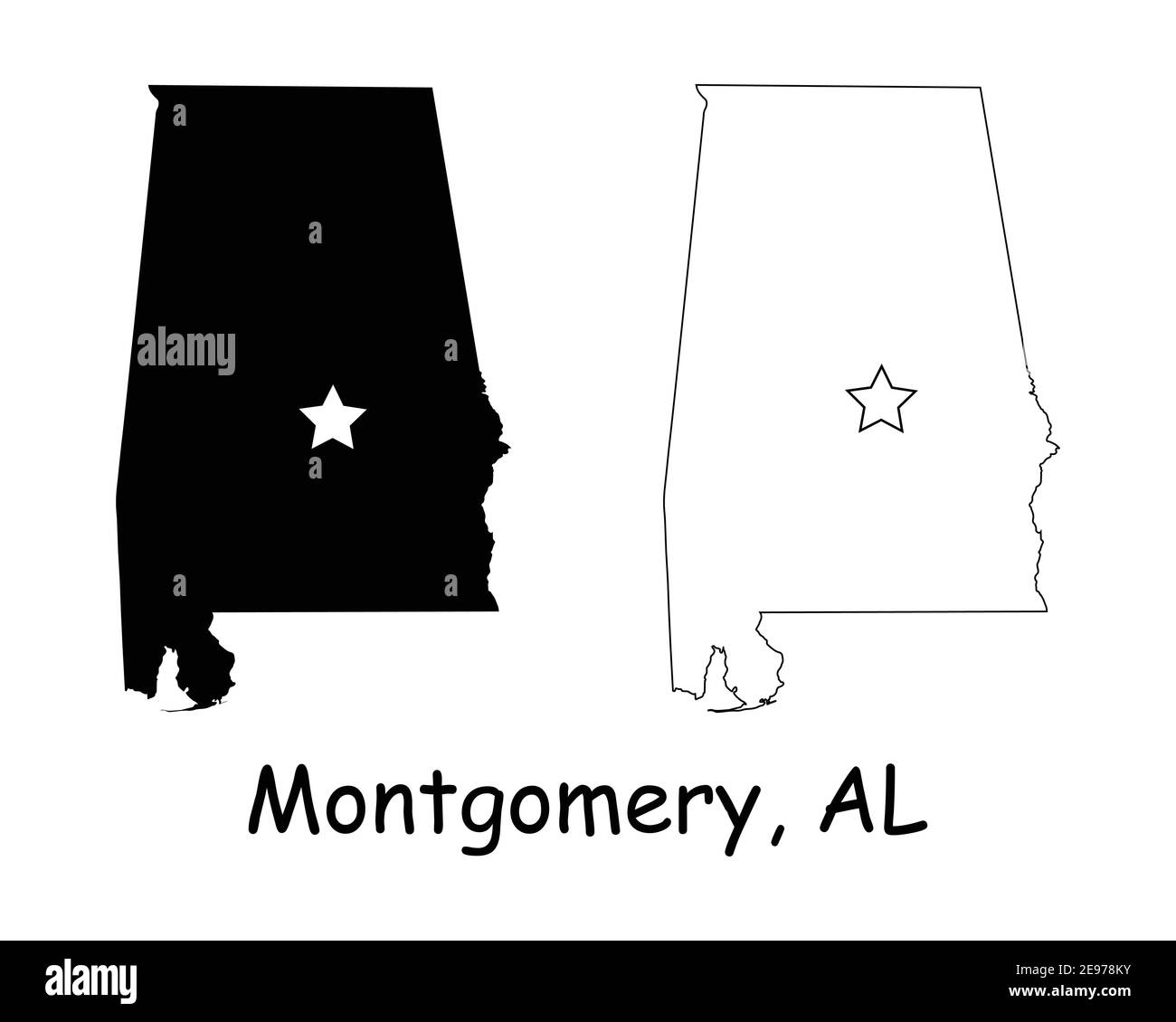 Montgomery Alabama Alabama, Alabama, Stati Uniti con la stella capitale. Silhouette nera e mappe isolate su sfondo bianco. Vettore EPS Illustrazione Vettoriale