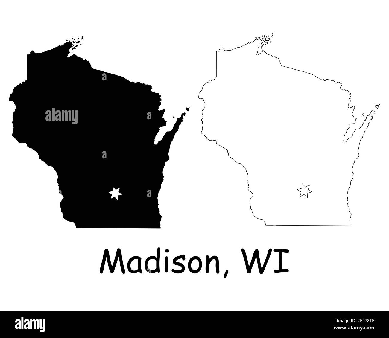 Wisconsin WI state Map USA con Capital City Star a Madison. Silhouette nera e mappe isolate su sfondo bianco. Vettore EPS Illustrazione Vettoriale