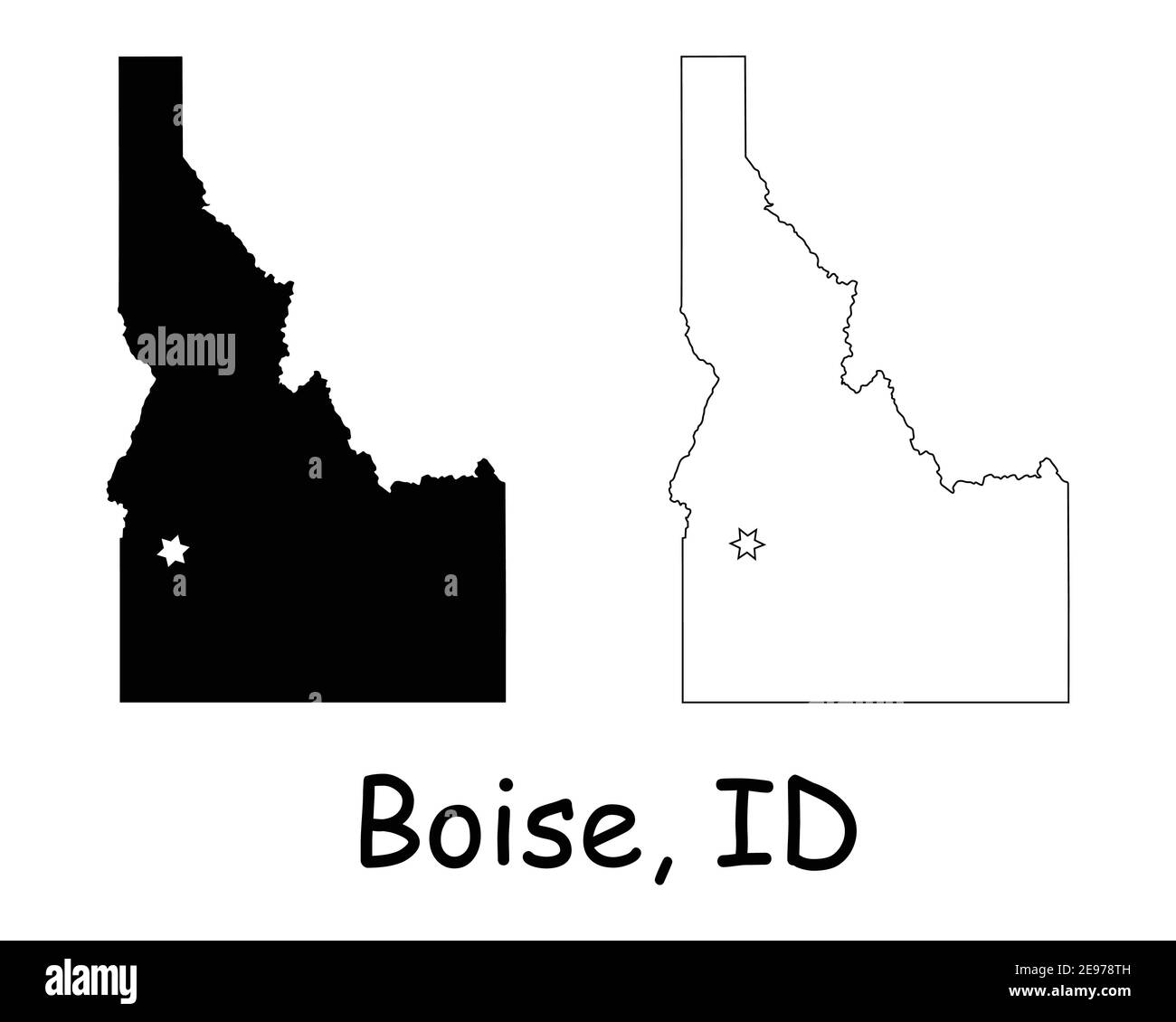Idaho ID state Map USA con Capital City Star a Boise. Silhouette nera e profilo isolato su sfondo bianco. Vettore EPS Illustrazione Vettoriale