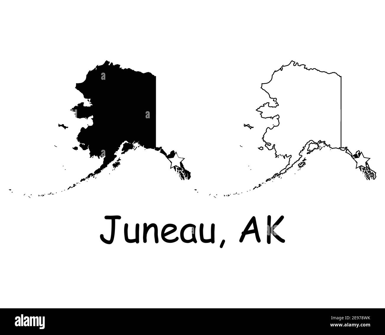 Juneau Alaska AK mappa di stato USA con la stella capitale. Silhouette nera e mappe isolate su sfondo bianco. Vettore EPS Illustrazione Vettoriale