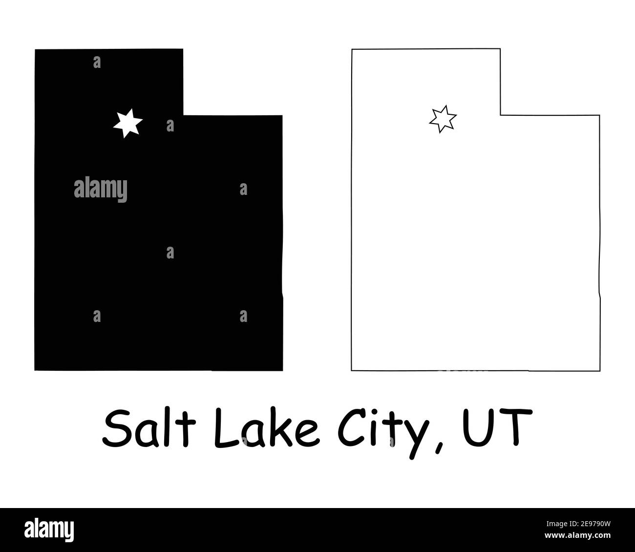Utah UT state Map USA con Capital City Star a Salt Lake City. Silhouette nera e mappe isolate su sfondo bianco. Vettore EPS Illustrazione Vettoriale