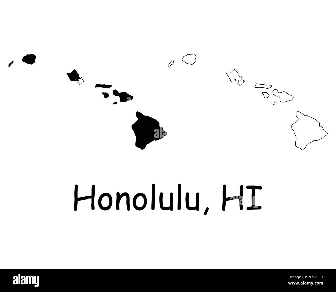 Hawaii HI state Maps USA con la capitale City Star a Honolulu. Silhouette nera e profilo isolato su sfondo bianco. Vettore EPS Illustrazione Vettoriale