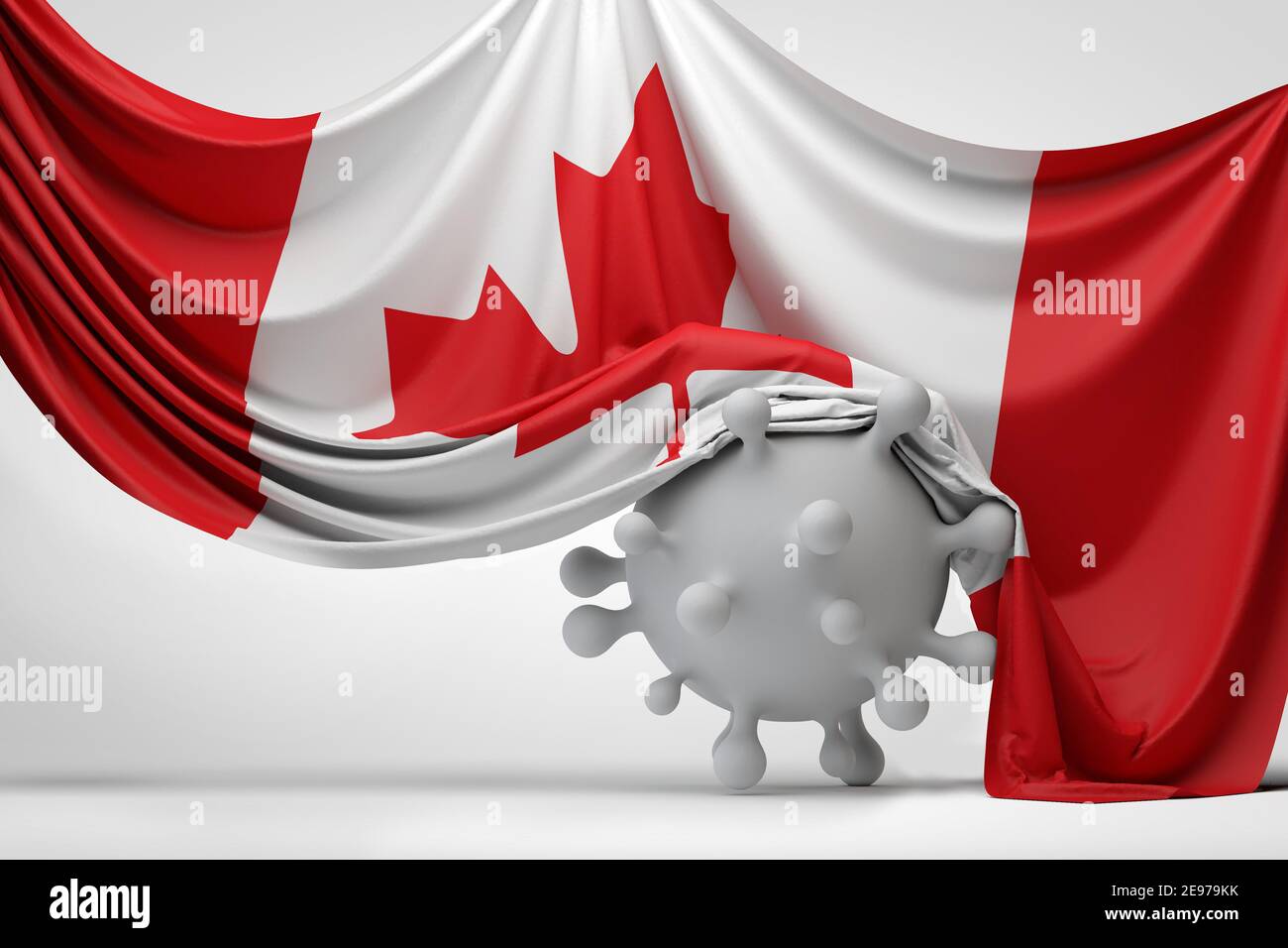 Bandiera nazionale canadese ha bevuto sopra una molecola di malattia del virus di Covid. Rendering 3D Foto Stock