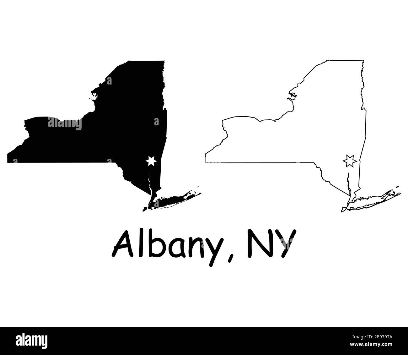 New York NY state Map USA con Capital City Star ad Albany. Silhouette nera e profilo isolato su sfondo bianco. Vettore EPS Illustrazione Vettoriale