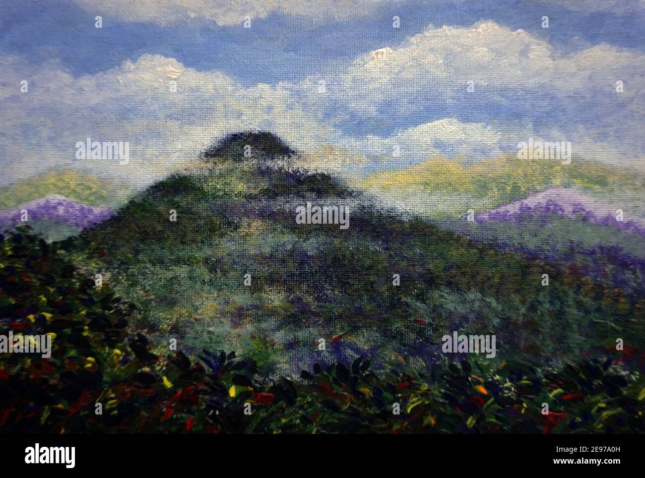 Pittura artistica disegnata a mano colore olio paesaggio di montagna foresta Foto Stock