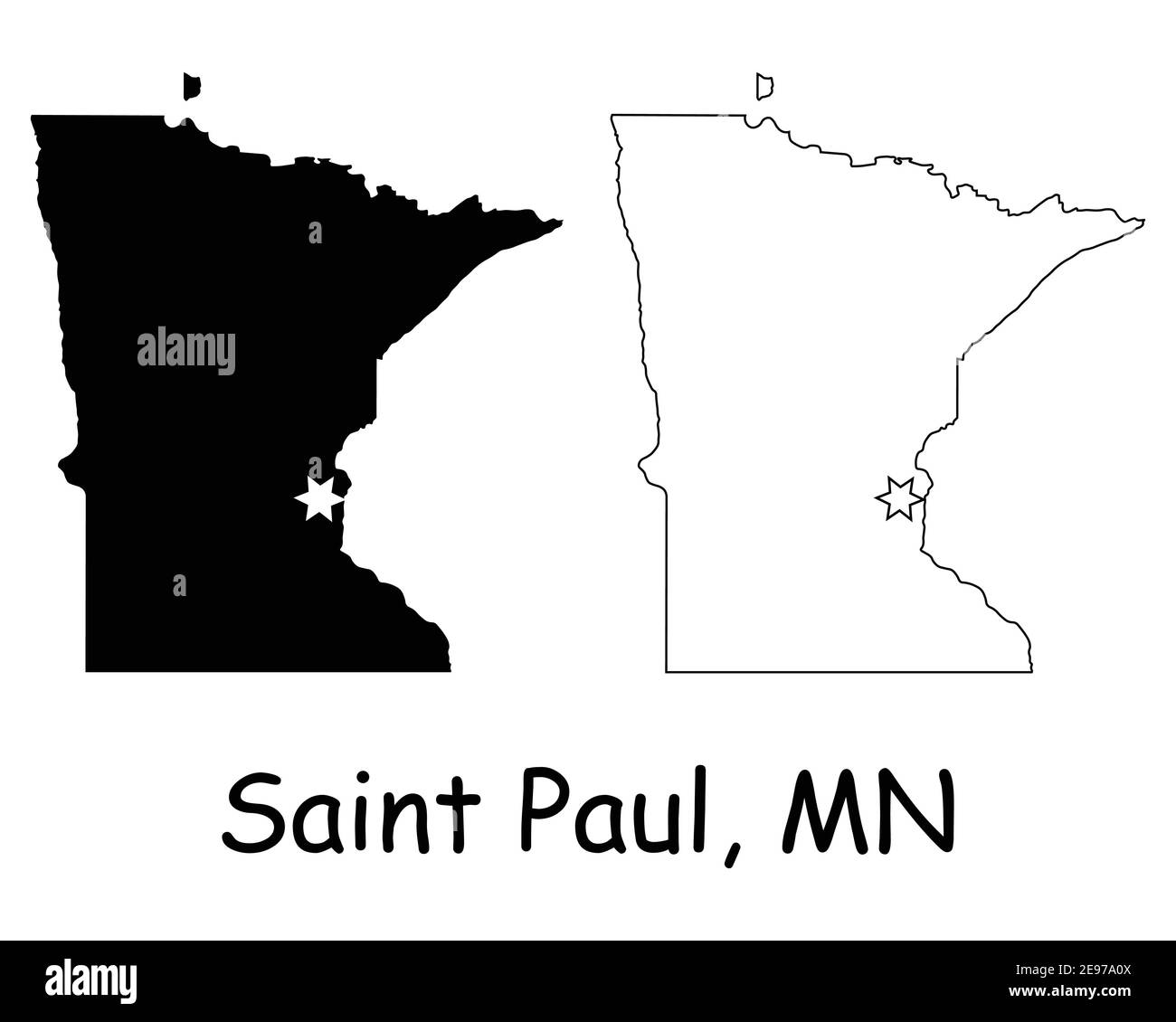 Minnesota MN state Map USA con Capital City Star a Saint Paul. Silhouette nera e profilo isolato su sfondo bianco. Vettore EPS Illustrazione Vettoriale