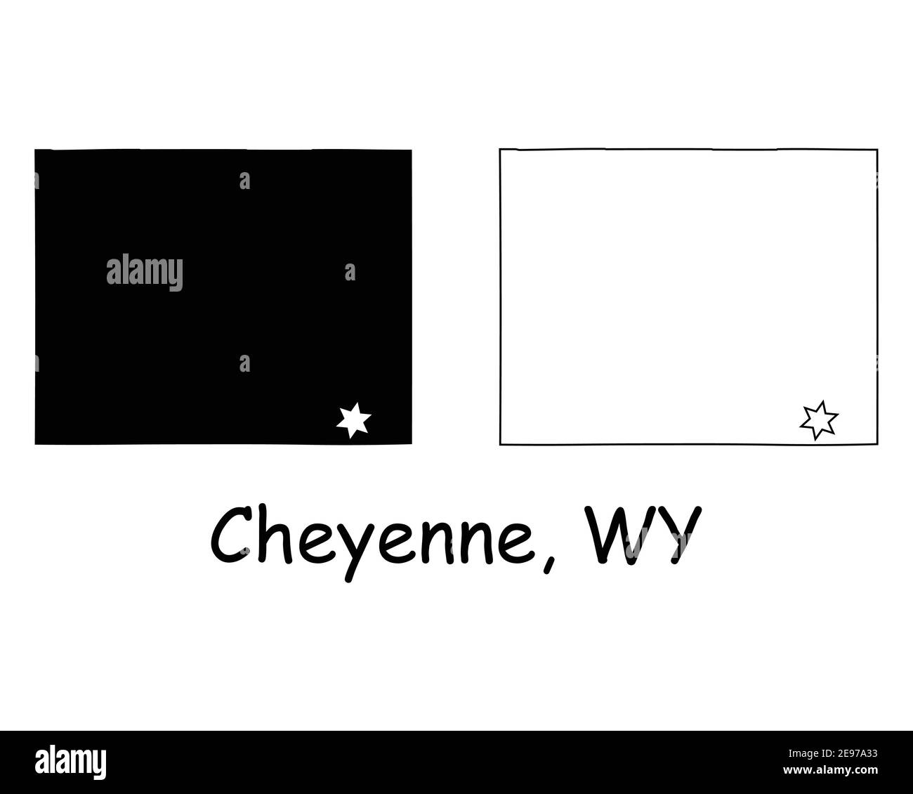 Mappa dello stato di Wyoming WY USA con la Capital City Star a Cheyenne. Mappa di silhouette nere e mappa di contorno su sfondo bianco. Vettore EPS Illustrazione Vettoriale