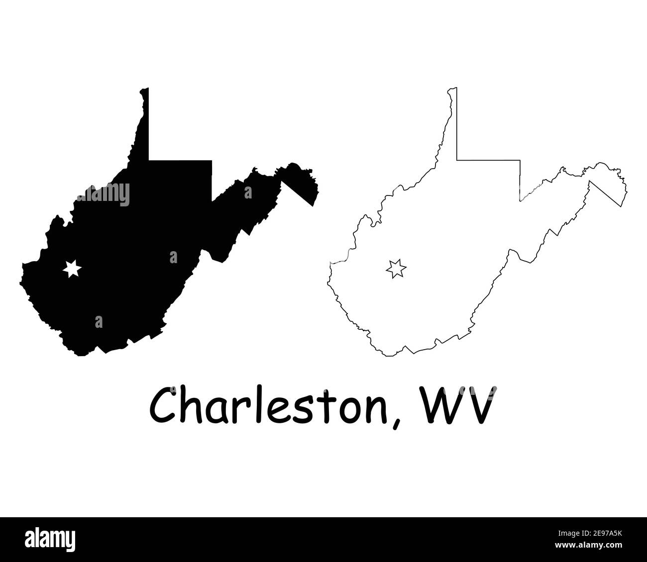 West Virginia WV state Map USA con Capital City Star a Charleston. Silhouette nera e mappe isolate su sfondo bianco. Vettore EPS Illustrazione Vettoriale
