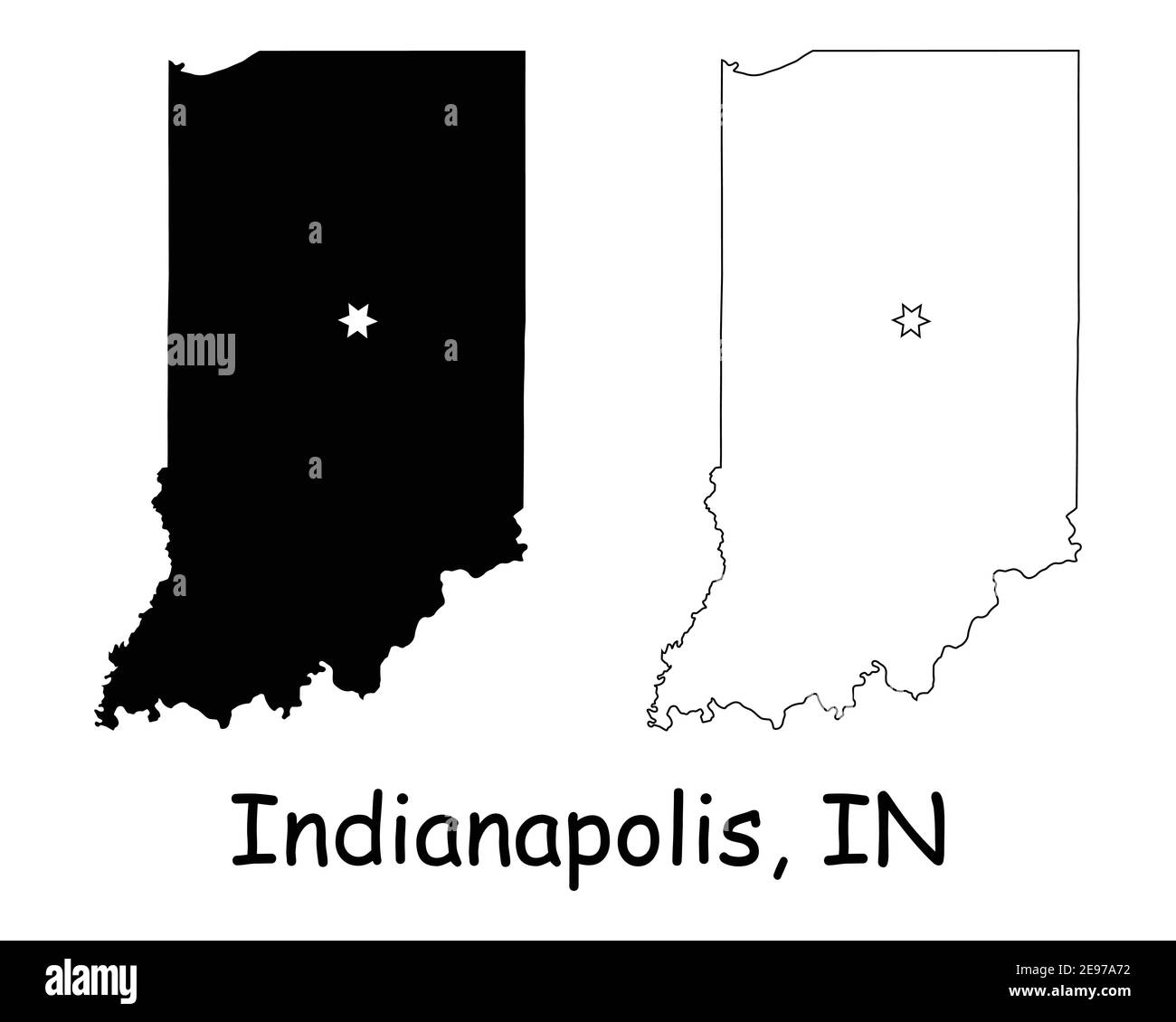 Indiana IN mappe di stato USA con la capitale City Star a Indianapolis. Silhouette nera e profilo isolato su sfondo bianco. Vettore EPS Illustrazione Vettoriale