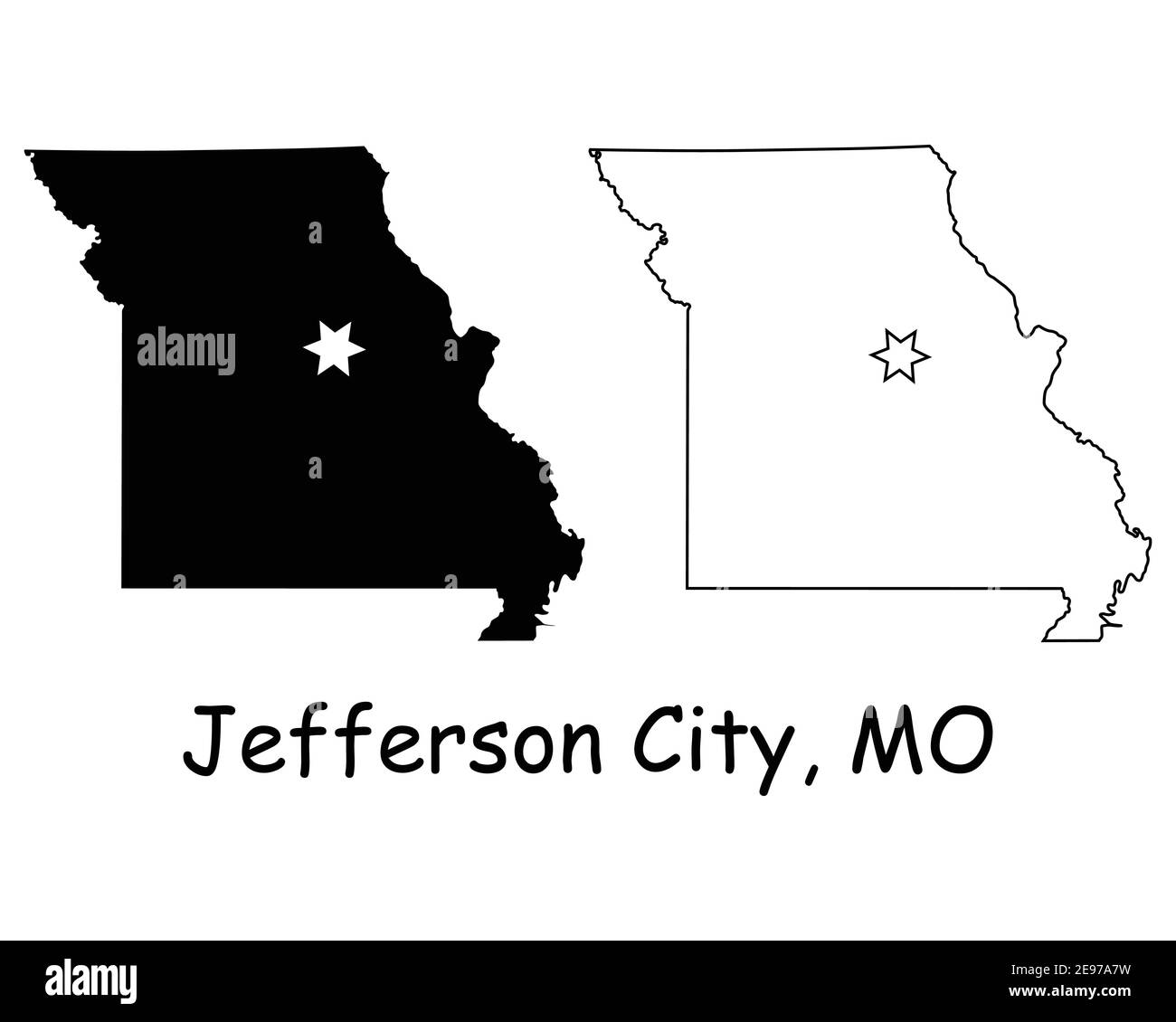 Missouri, Missouri, Missouri, Missouri, Stati Uniti con la Capital City Star a Jefferson City. Silhouette nera e profilo isolato su sfondo bianco. Vettore EPS Illustrazione Vettoriale