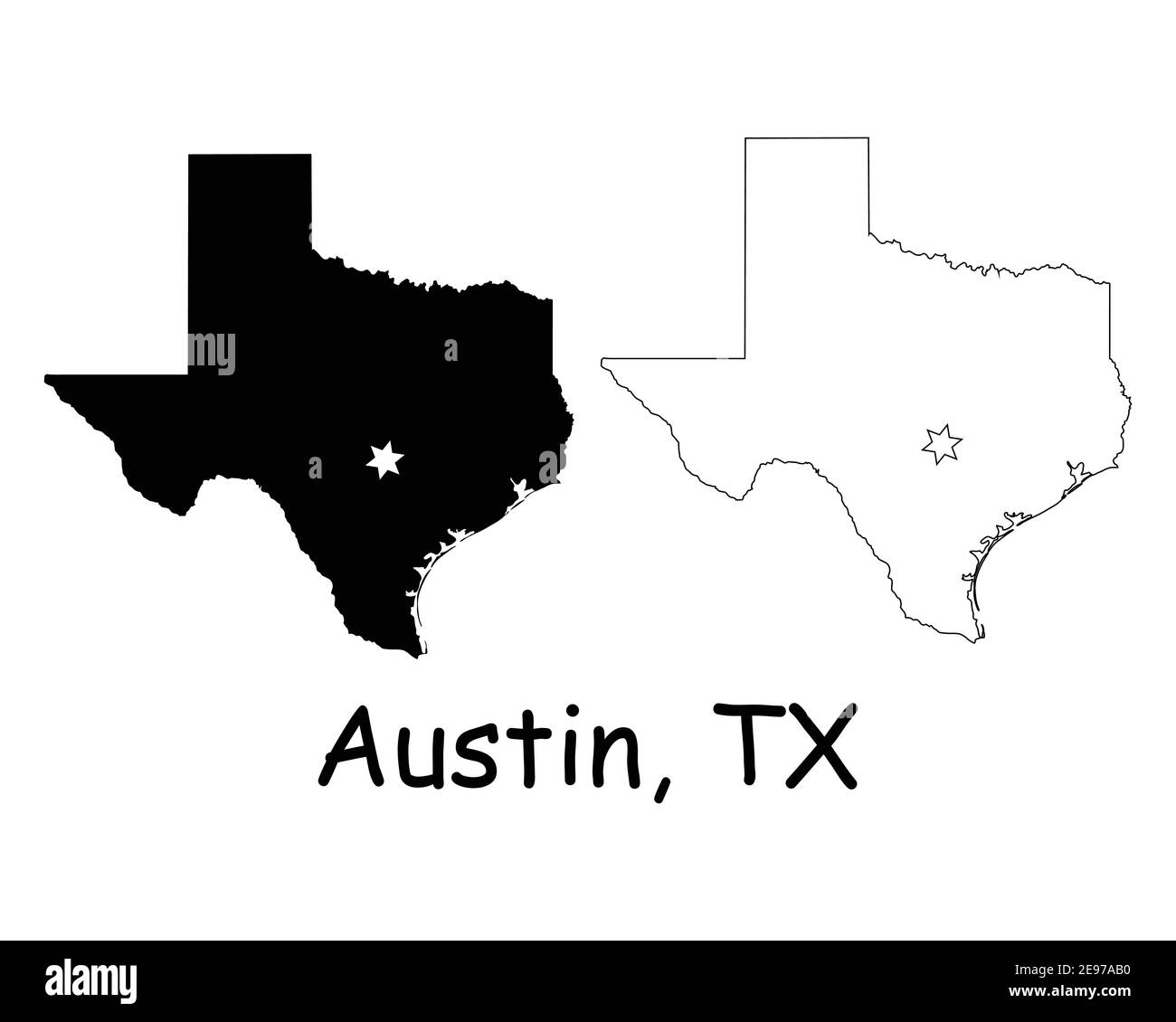 Texas Texas Texas Texas Texas Texas Texas Texas Texas state Map USA con Capital City Star ad Austin. Silhouette nera e mappe isolate su sfondo bianco. Vettore EPS Illustrazione Vettoriale