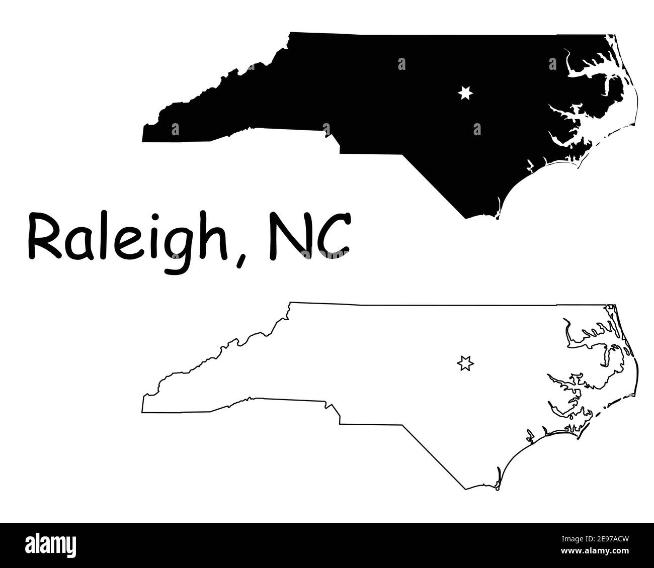 North Carolina North Carolina North Carolina North Carolina North Carolina state Map USA con Capital City Star a Raleigh. Silhouette nera e profilo isolato su sfondo bianco. Vettore EPS Illustrazione Vettoriale