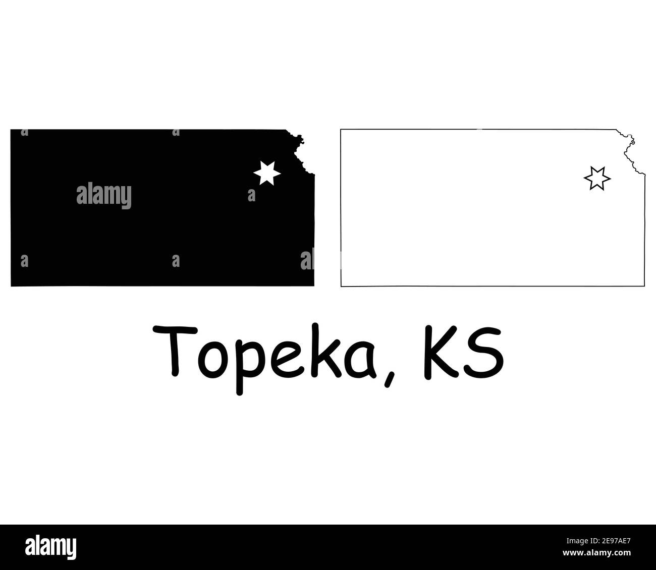 Mappe dello stato del Kansas KS con la Capital City Star a Topeka. Silhouette nera e profilo isolato su sfondo bianco. Vettore EPS Illustrazione Vettoriale