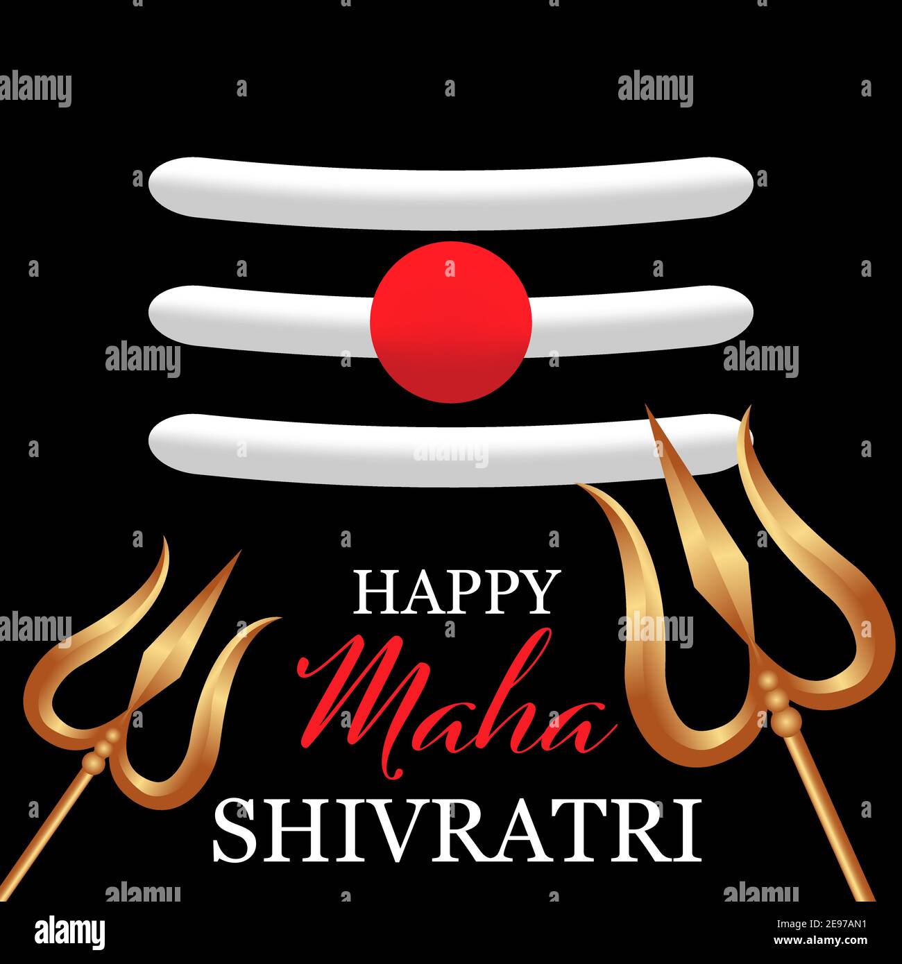 Biglietto d'auguri per Maha Shivratri con i segni Trishula e Mahadev Tilak. Festa indù celebrata di Shiva Signore. Illustrazione vettoriale. Illustrazione Vettoriale