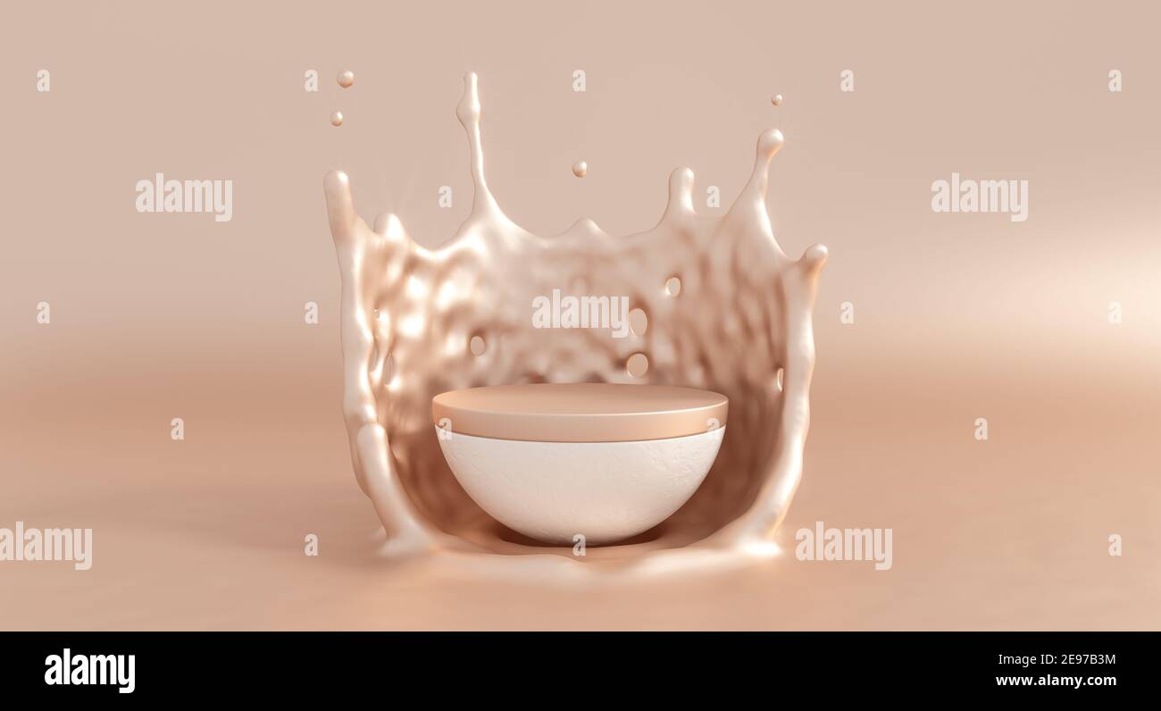 Podio a piedistallo 3D con spruzzi di liquido beige. Corona di spruzzi Golden Fluid. crema di rendering 3d fluido intorno al podio del prodotto per le promozioni cosmetiche. Foto Stock
