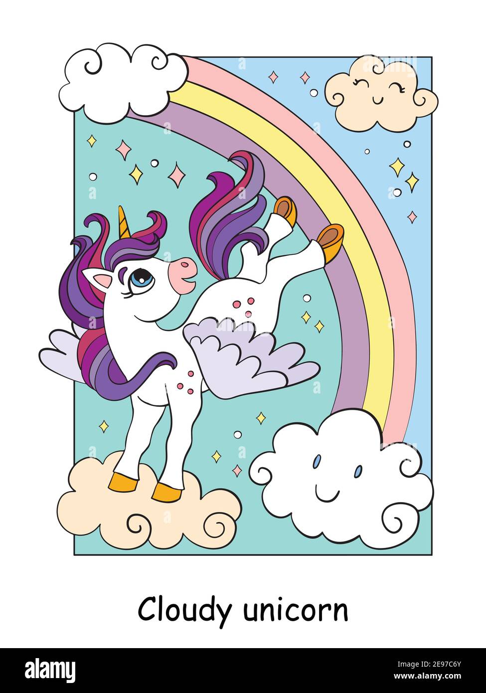 Carino unicorno con ali che volano nel cielo. Cartoon vettoriale illustrazione colorata isolato su sfondo bianco. Per colorare modello di libro, stampa, gioco, Illustrazione Vettoriale