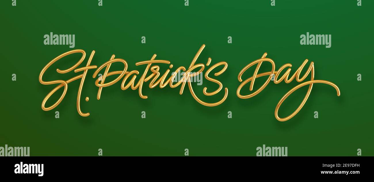 Scritta Golden realistic Happy St. Patricks Day isolato su sfondo verde. Elemento di design per poster, banner felice Patrick. Illustrazione vettoriale Illustrazione Vettoriale