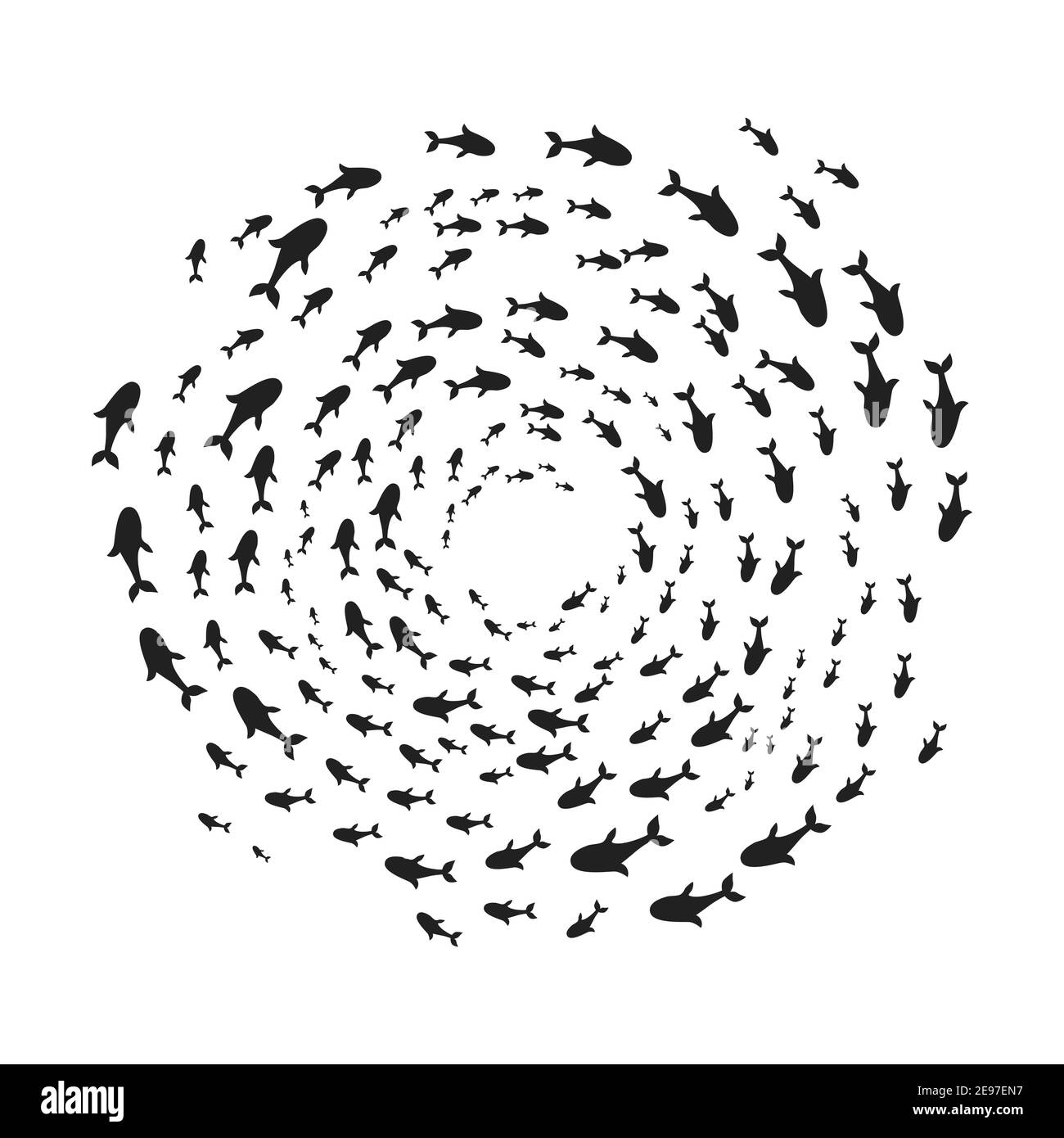 Sagome scuola di pesce con vita marina di varie dimensioni nuoto pesci in cerchio piatto stile disegno vettoriale illustrazione. Colonia di grandi e di smal Illustrazione Vettoriale