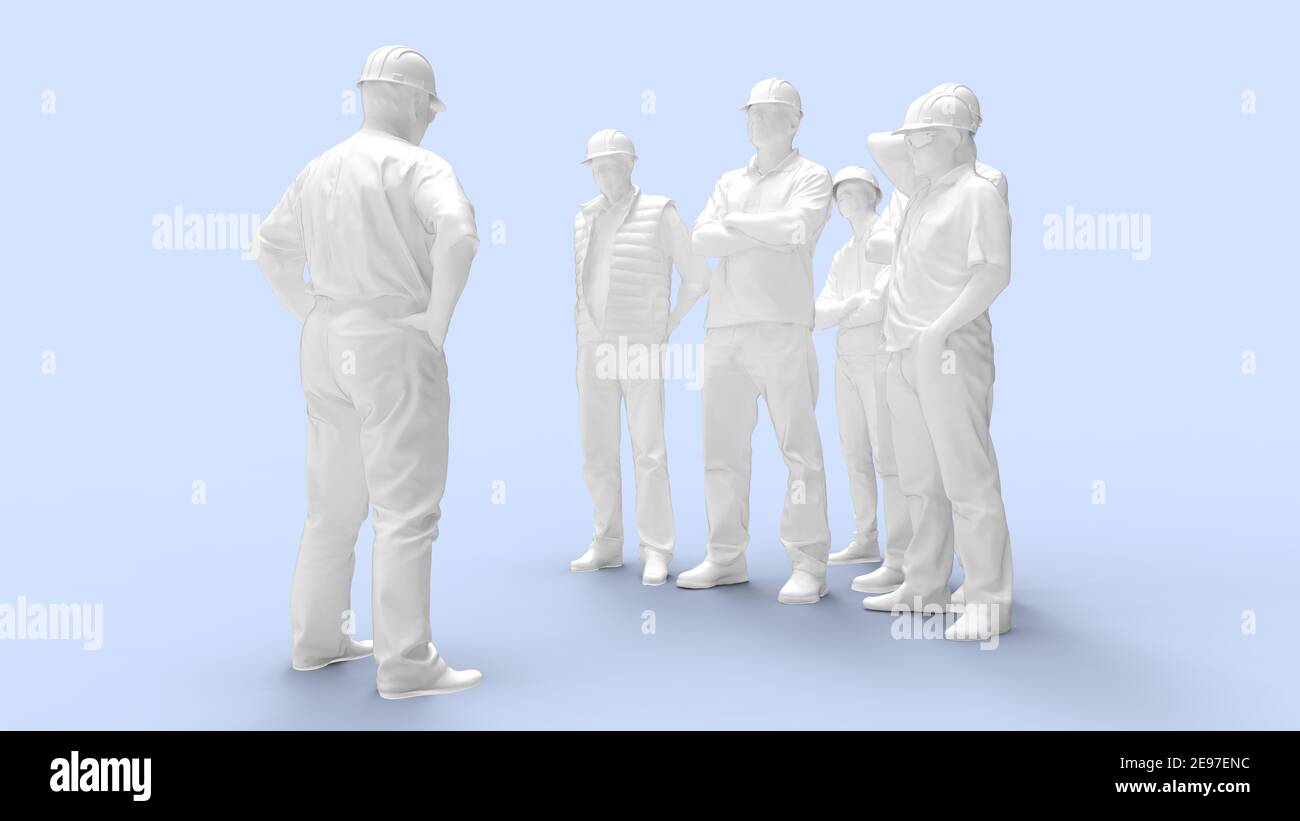 Toolbox meeting briefing Toolbox parlare 3d rendering dei lavoratori che hanno una riunione isolata in spazi vuoti. Foto Stock