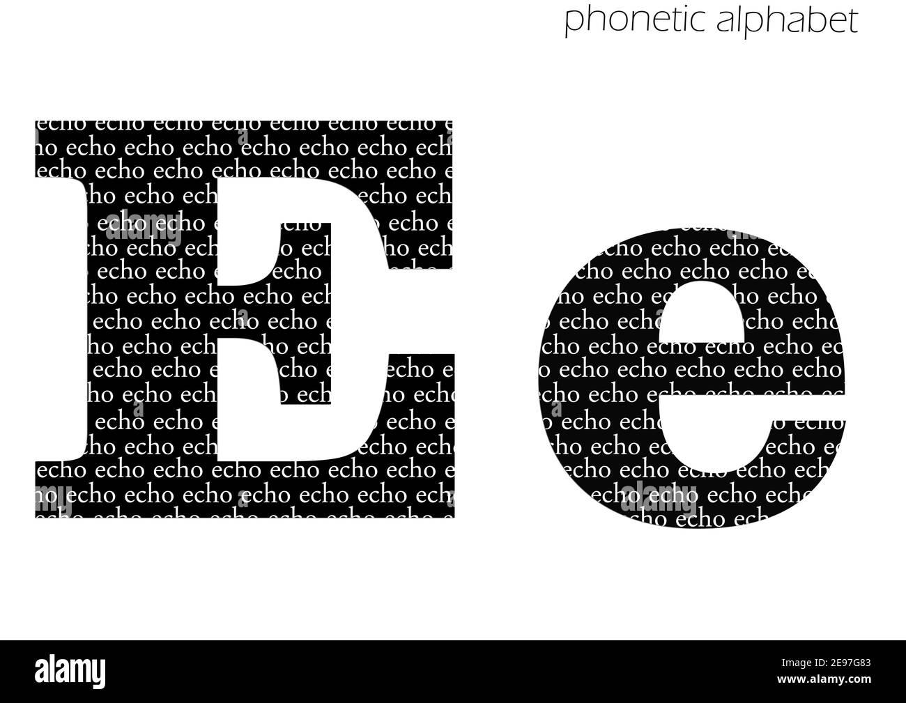 E (echo) 3D illustrazione alfabeto fonetico per decorazione in bianco e nero Foto Stock
