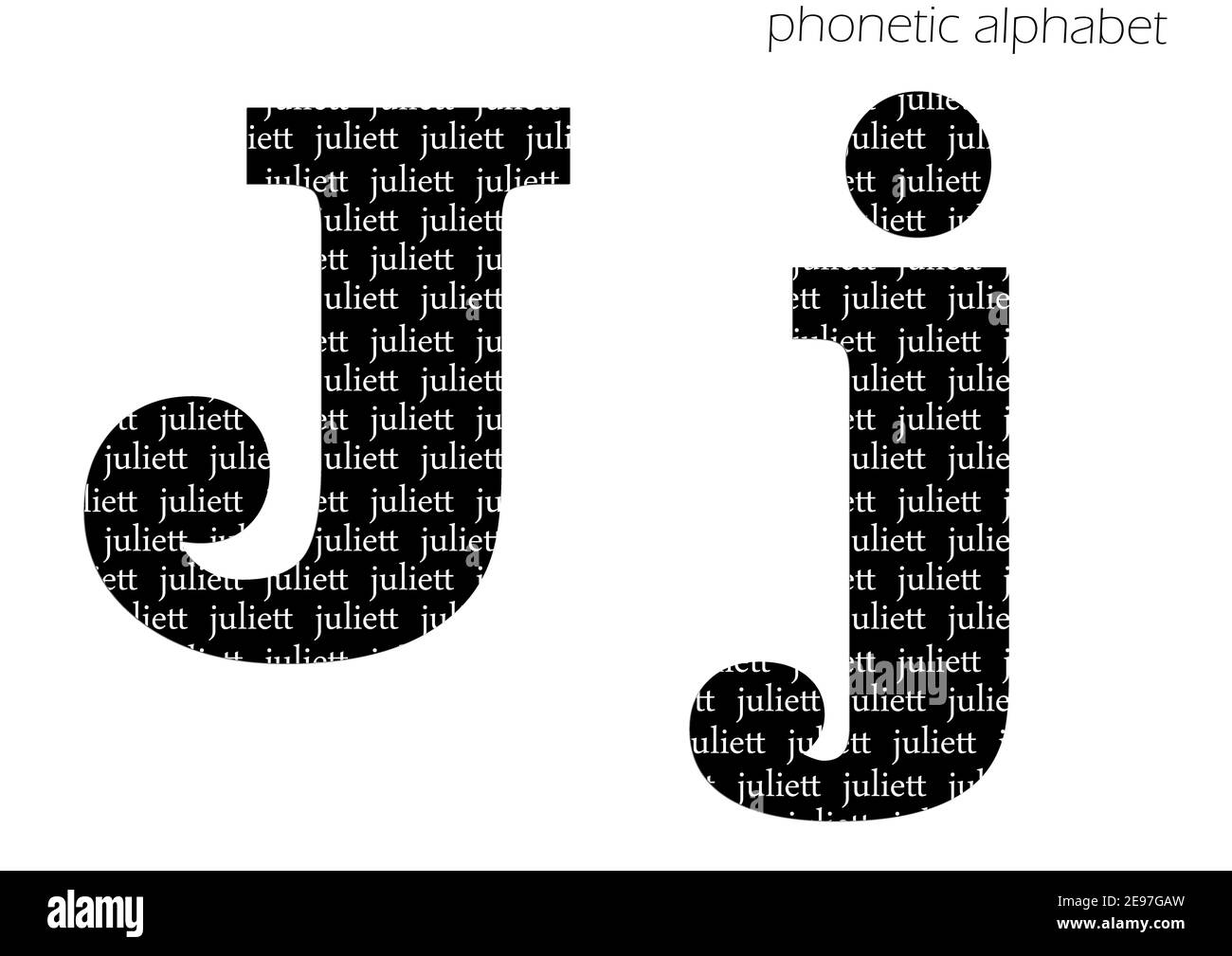 J(juliette) 3D illustrazione alfabeto fonetico disegno per decorazione in bianco e nero Foto Stock