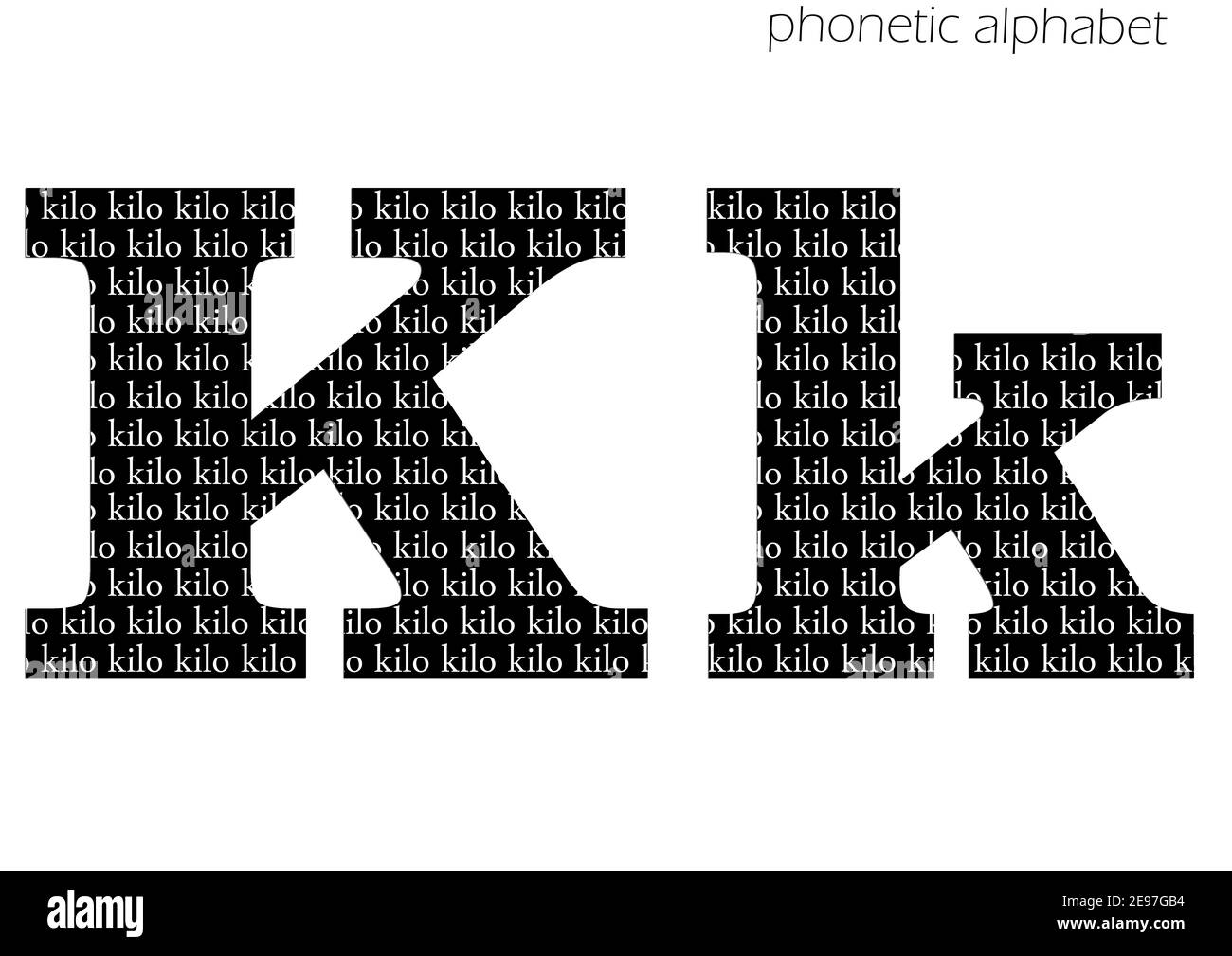 K (Kilo) 3D illustrazione alfabeto fonetico disegno per decorazione in bianco e nero Foto Stock