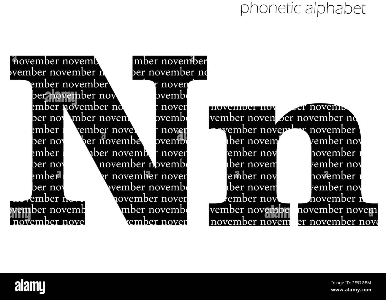 N (novembre) 3D illustrazione alfabeto fonetico disegno per decorazione in bianco e nero Foto Stock