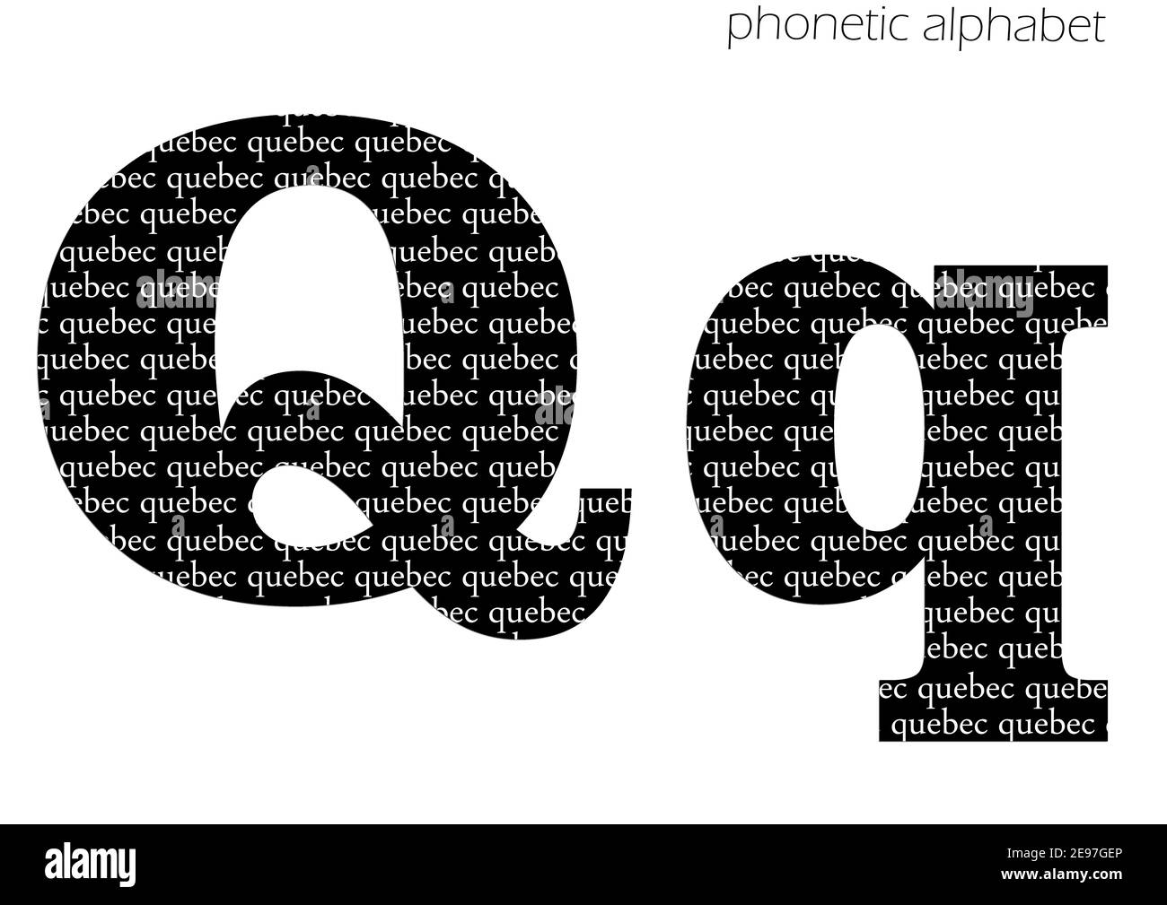 Q (québec) 3D illustrazione alfabeto fonetico per decorazione in bianco e nero Foto Stock