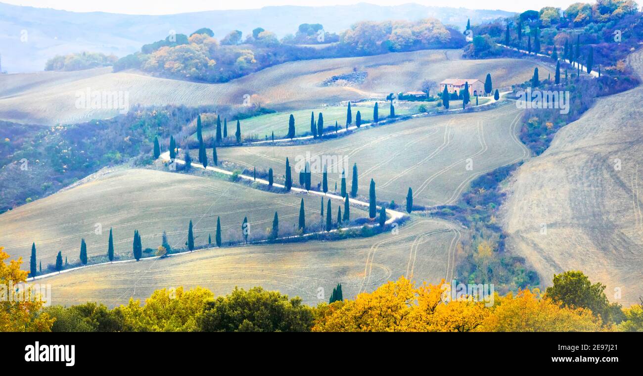 Bella Toscana autunno campagna - strada tortuosa con cipressi. Italia Foto Stock