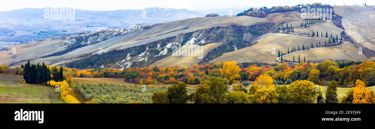 Bella Toscana autunno campagna - strada tortuosa con cipressi. Italia Foto Stock
