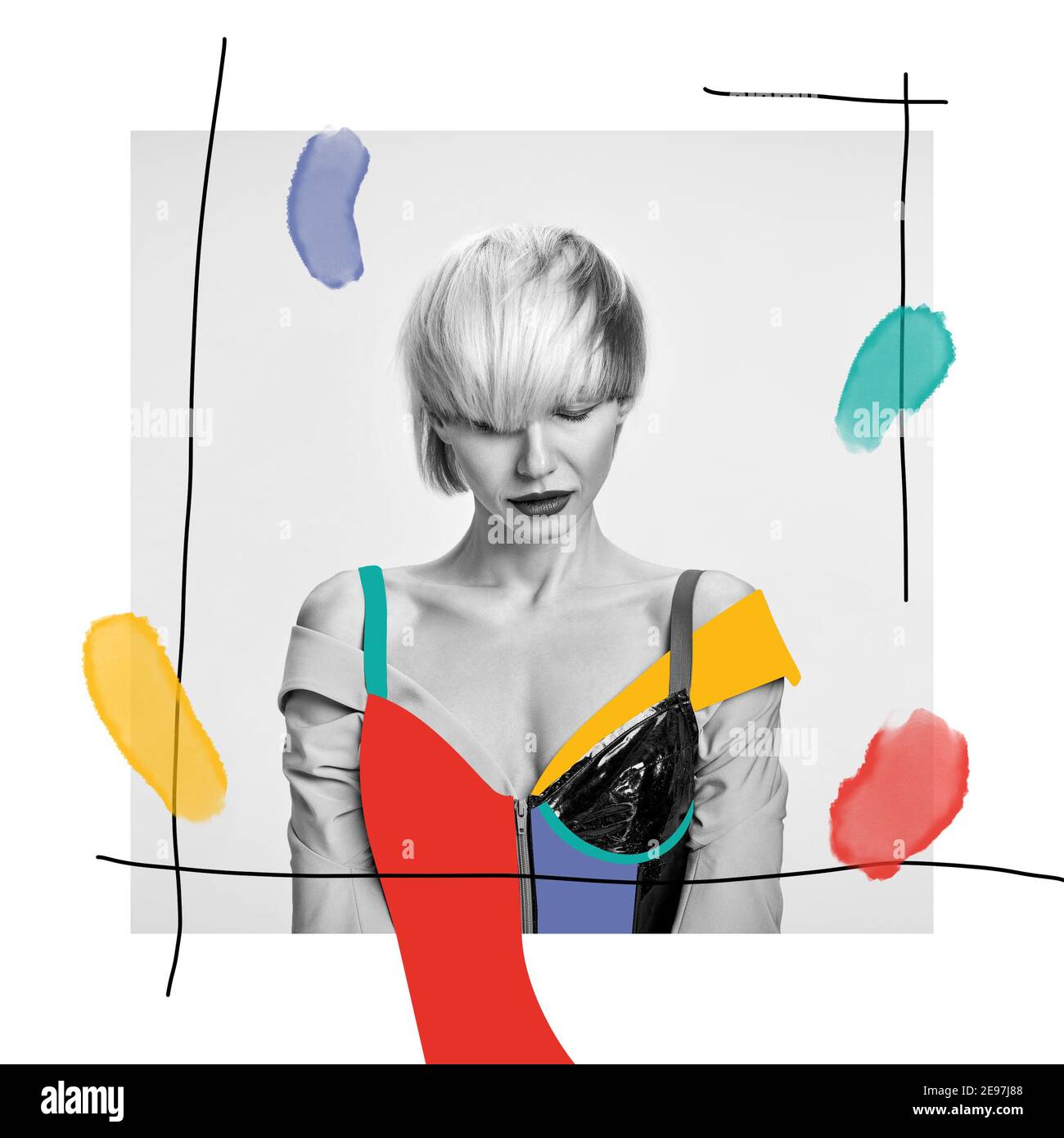 Taglio elegante, stile haiit. Look alla moda, acquerello. Design moderno, collage d'arte contemporanea. Ispirazione, idea, stile urbano alla moda rivista. Spazio negativo per inserire il testo o l'annuncio. Foto Stock