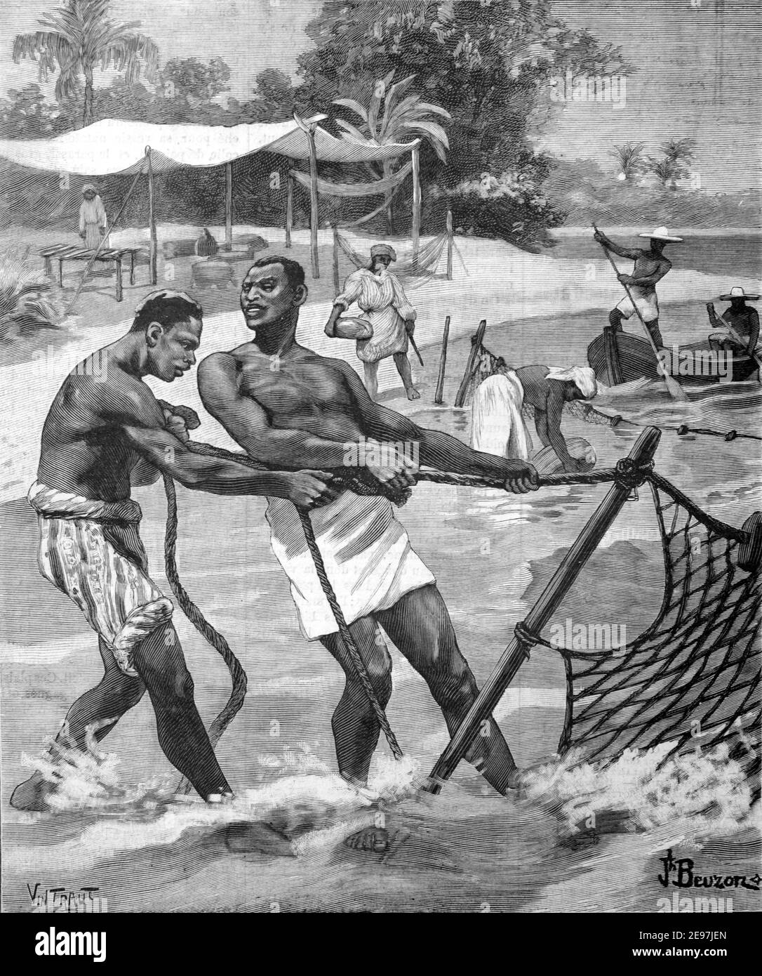 Pescatori costieri o pescatori pesca nella Guyana francese Francia sud Illustrazione o incisione d'epoca America 1900 Foto Stock