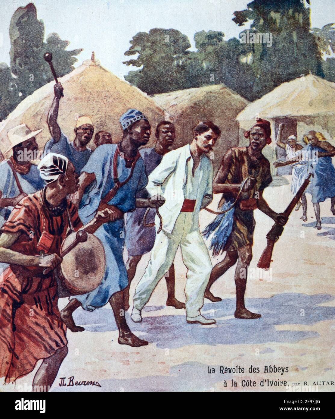 Rivolta del popolo Abbé nel 1910 contro la colonizzazione, il colonialismo francese, e l'immigrazione in Costa d'Avorio Africa occidentale 1910 Vintage Illustration Foto Stock