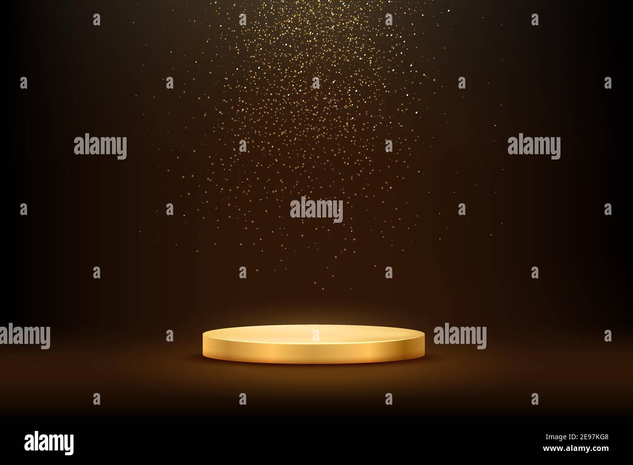 Podio d'oro sotto la caduta di glitter oro isolato su sfondo scuro. Illustrazione vettoriale Illustrazione Vettoriale