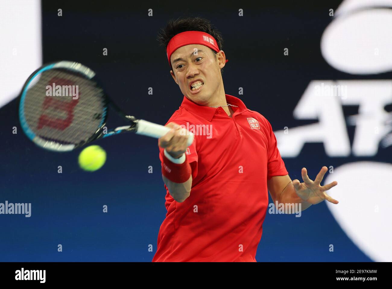 3 febbraio 2021: Kei Nishikori del Giappone in azione durante la partita della Coppa ATP del Gruppo D contro Daniil Medvedev della Russia alla John Cain Arena di Melbourne, Australia. Medvedev ha vinto 62 64. Media Sydney Low/Cal Sport. Foto Stock