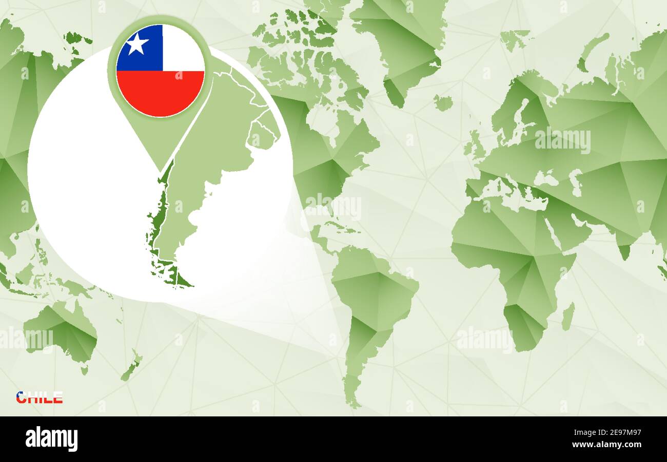 Mappa del mondo centrica americana con mappa ingrandita del Cile. Mappa del mondo poligonale verde. Illustrazione Vettoriale