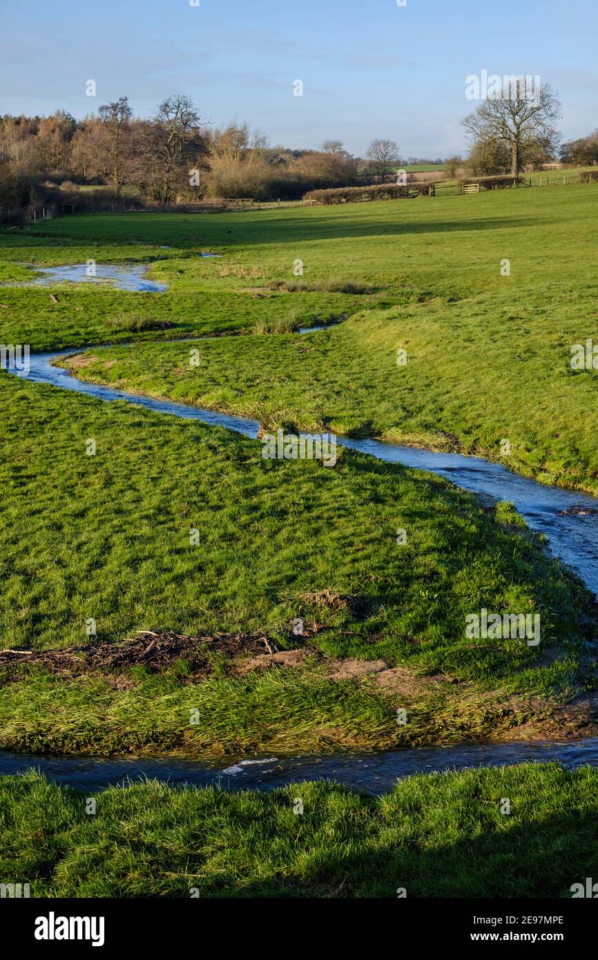 Wyaston Brook che attraversa i campi vicino a Oscaston, Derbyshire Foto Stock