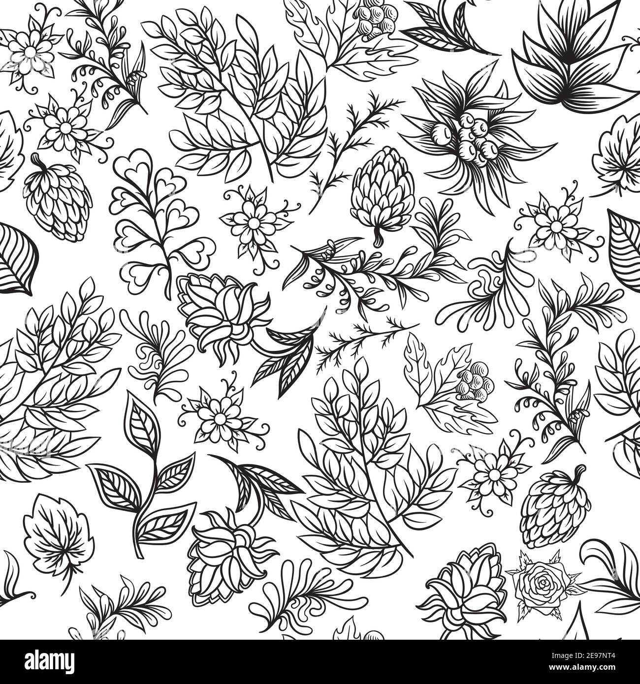 Disegno a mano con elementi naturali scandinavi astratti. Insieme vettoriale di piante e animali. Illustrazione Vettoriale