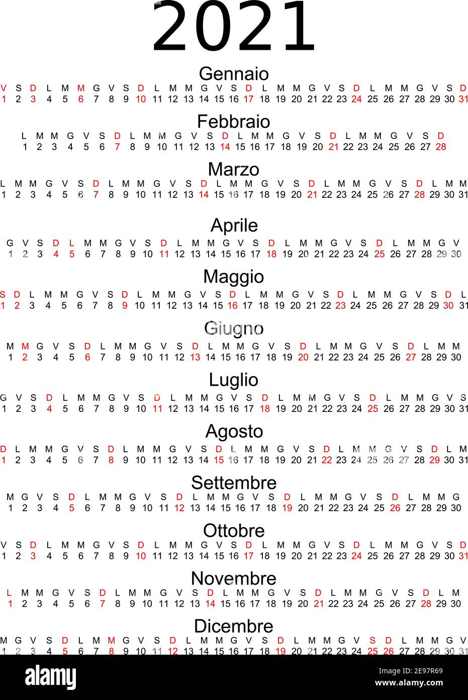 Calendario 2021 feste italiane segnate Illustrazione Vettoriale