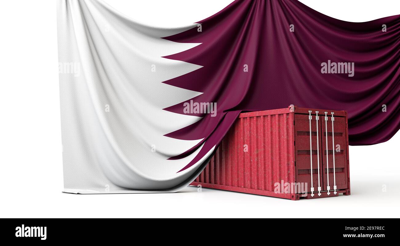 Bandiera del Qatar avvolta su un contenitore di spedizione commerciale. Rendering 3D Foto Stock