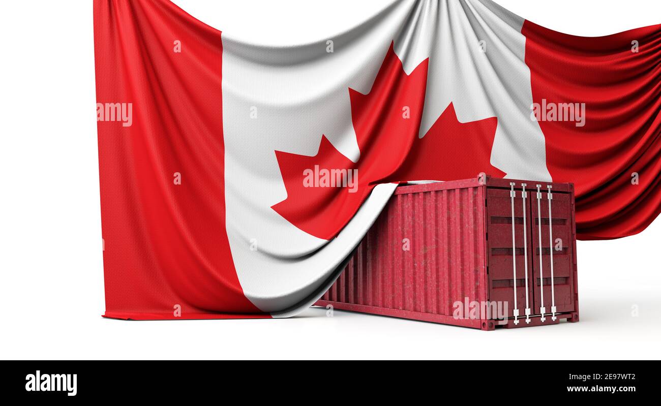 Bandiera del Canada avvolta su un contenitore di spedizione commerciale. Rendering 3D Foto Stock